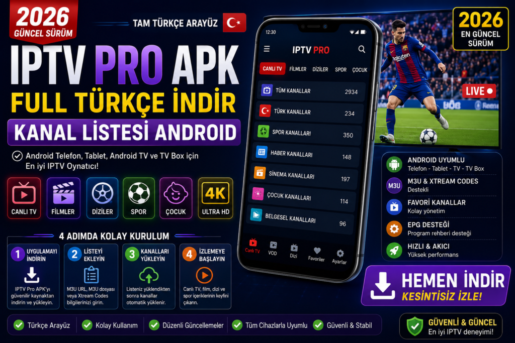 IPTV Pro APK Full Türkçe İndir Kanal Listesi Android (2026) | En Güncel Kurulum Rehberi